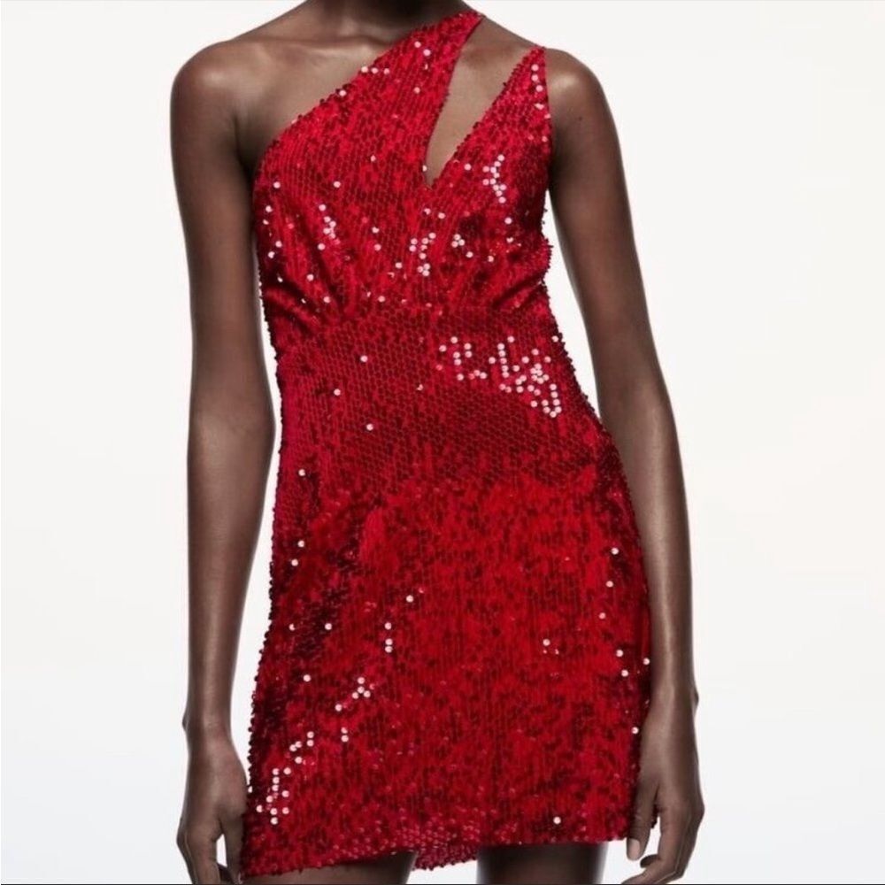 Zara Red Velvet Sequin One Shoulder Mini Dress Size XL NWT